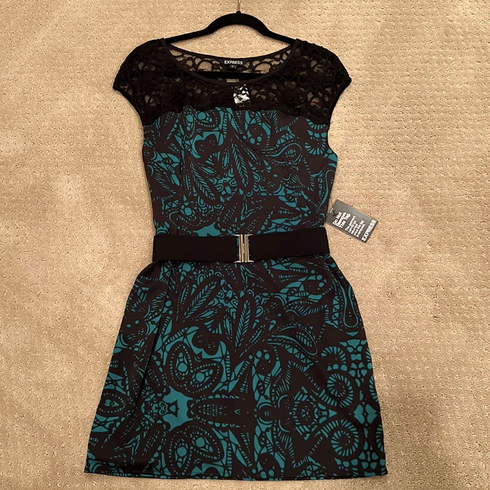 Express black & emerald green dress.